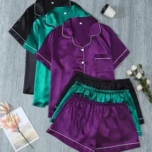 ¡¾Plus Size¡¿ Satin Pyjama Set, Short Sleeve Button Up Top & Shorts, Comfortable Sleepwear for Homewear, Loungewear
