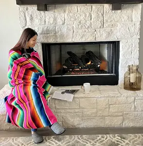 Hot Pink Mexican Serape Blanket 84"x55" Acrylic Throw Colorful Striped Design Handcrafted Durable Fibers Vibrant Fiesta Décor