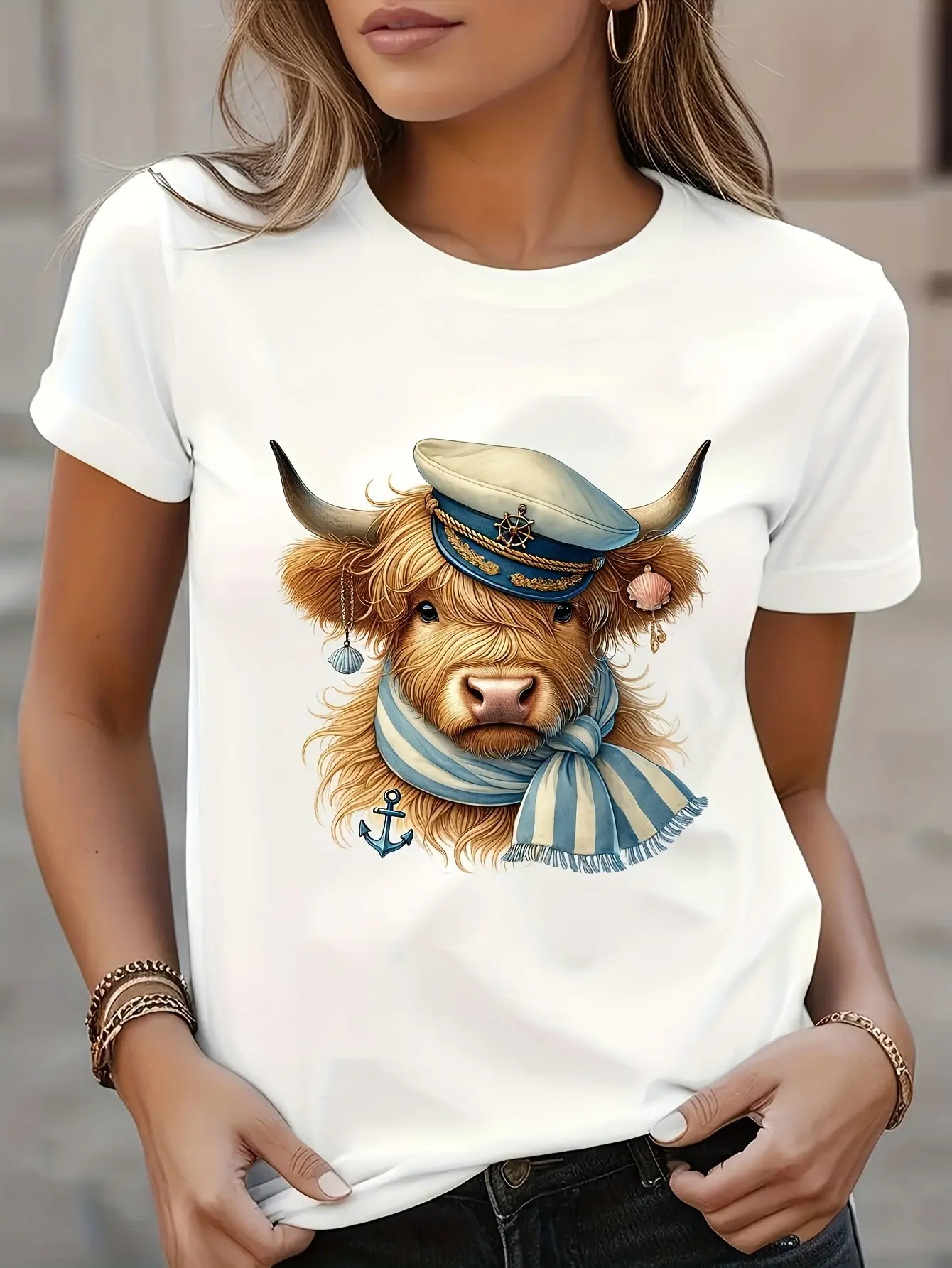 Women's & Unisex Scottish Highland Cow T-Shirt - Soft Breathable Scottish Flag & Tartan Print Tee, Short Sleeve Round Neck Casual Top Suitable for Scottish-Themed Outfits, Casual Attire, Machine Washable for All-Season