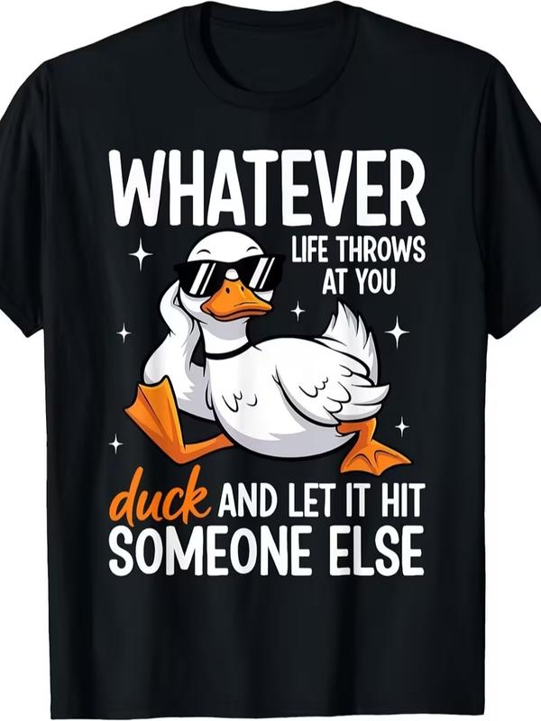 Men's Retro Duck Graphic Short-Sleeve T-Shirt, Funny Text Overlay Round Neck Sports Tee, Machine-Washable Vintage Washed Casual Top for Parties, Outdoor Activities