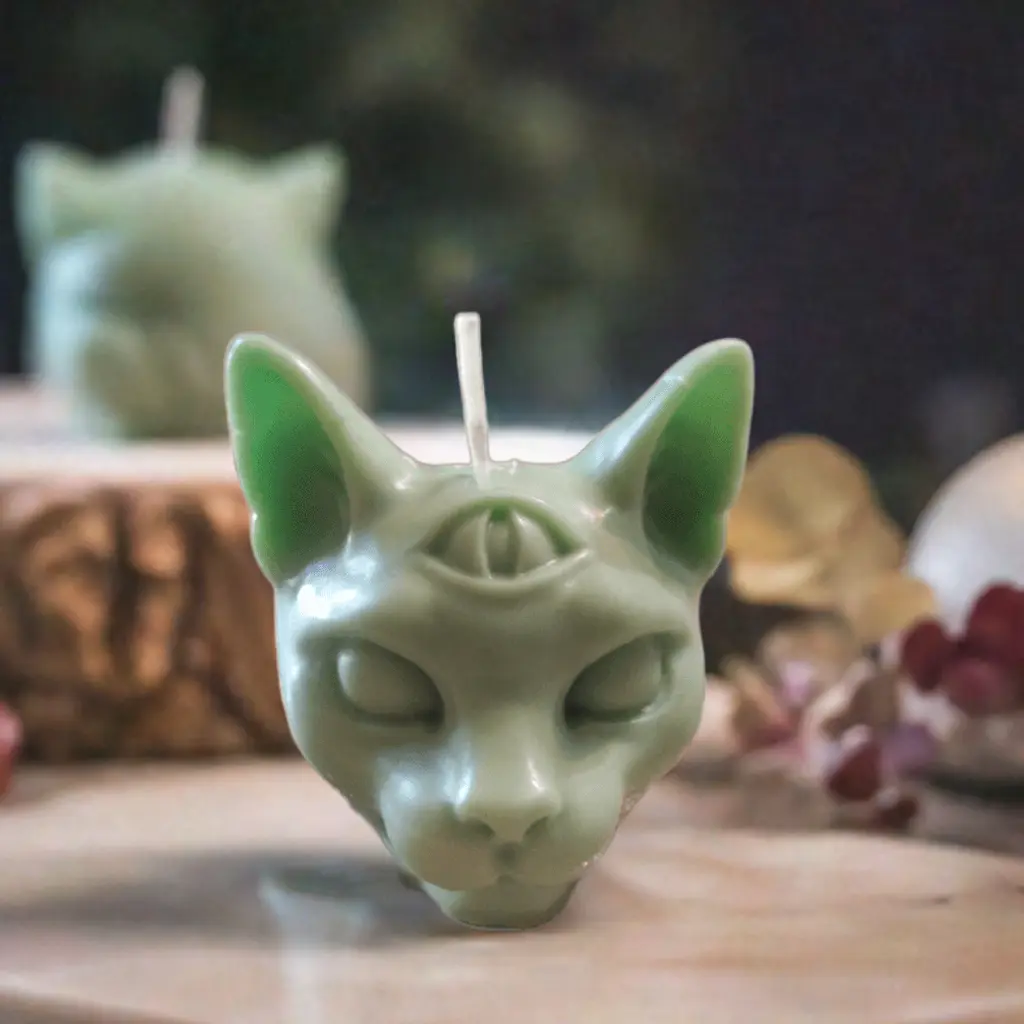 Three-Eyed Demon Cat Candle - Scented/Unscented, 7 oz