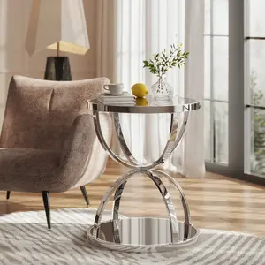 19.69'' Modern Glass Side Table with 2 Tiers, Ring-Shaped Frames, Chrome Finish and Gray Tempered Glass, Round Coffee Table,Bedside table for Living Room, Bedroom and Office, Silver