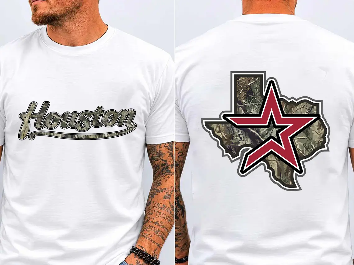Vintage Houston Texas Camo Star Graphic T-Shirt , Lone Star State Retro Camouflage Unisex Cotton Streetwear Shirt