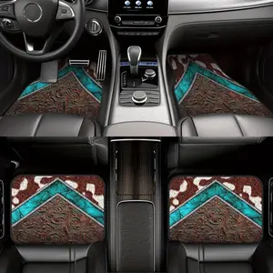 Set of 4 Western Cowboy Pattern Leather Sky Blue and Tool Car Mats, Suitable for Cars, Ideal Gift, Durable Mats, Car Floor Mats, Suitable for Trucks, Cars, SUVs, All-Season Use | Vibrant Pattern Mats | Durable Car Mats, Car Interior Accessory
