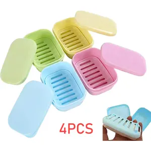 4 Pack Plastic Bar Soap Holder, Portable Travel Soap Container with Removable Drainers, Leakproof Soap Box Soap Case with Cover for Bathroom Shower Home Outdoor Camping Travel