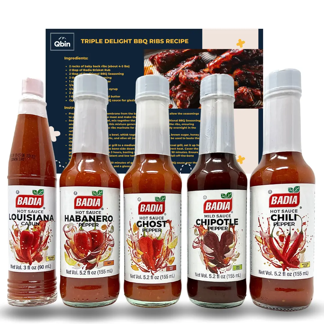 Badia 5-Pack Ultimate Hot Sauce Bundle - Spicy Chili, Chipotle, Sambal, Spice Dip, Hot Sauce Pepper - Includes QBIN Recipe Card for Intense Flavor Experiences