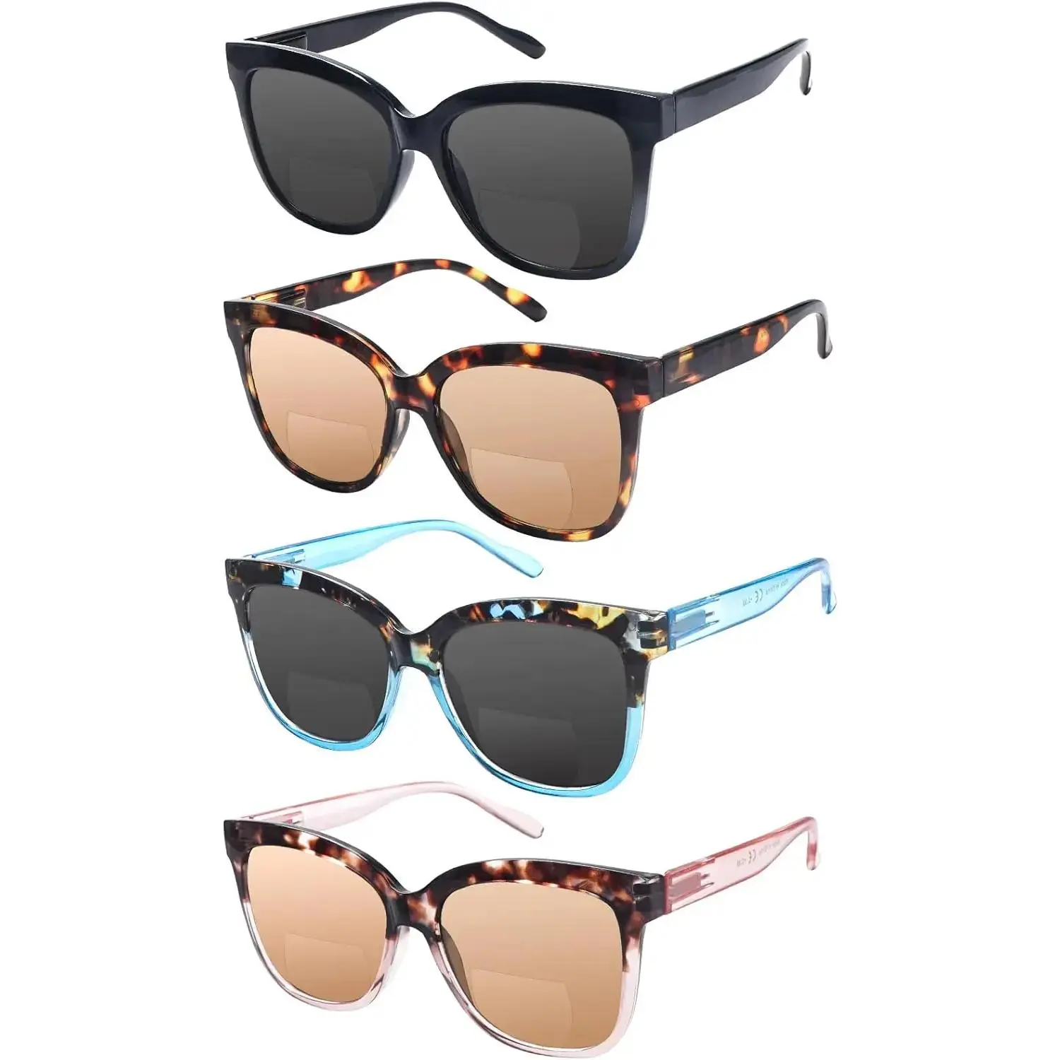 Bifocal Sun Readers for Men and Women, 4 Pack of Assorted Trendy Fashion Styles with UV400 UV-Protection Lens for Outdoor Reading, Outdoor Fashion Sunglasses, Trendy Fashion Shades