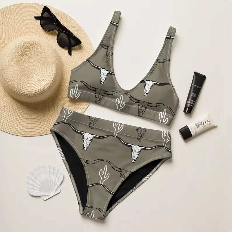 Longhorn Bull Skull Cactus Bikini Set Women High Waist 2 Piece Olive Green  Western Desert Print Swimsuit Country Girl Beach Summer Vacation Sunbathing  Loose Comfy Swimwear - TikTok Shop