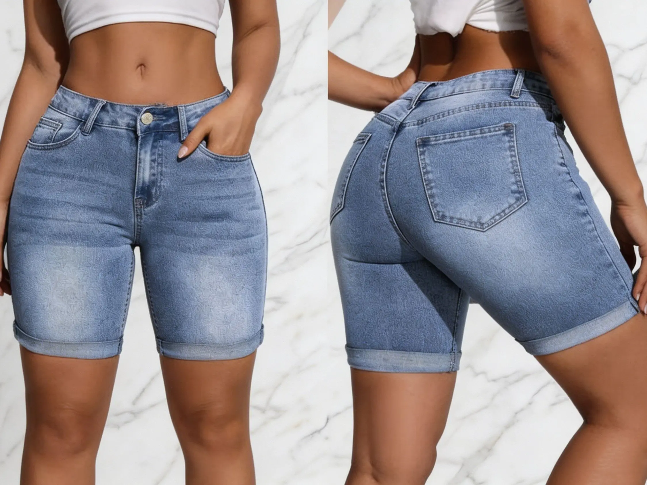 Women’s washed slim-fit jeans with pockets; casual, fashionable shorts; women’s summer bottoms; everyday women’s wear; comfortable casual shorts.Summervibes