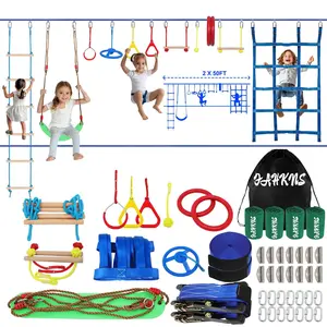 Ninja Warrior Obstacle Course for Kids - Slackline Kit with 13 Ninja Accessories, Cargo Net Rope Ladder, and Monkey Bars for Kids Playground Set Multi Purpose Inflatable Playroom