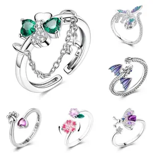 Clover Adjustable Ring 925 Sterling Silver Original Rotating Cherry Blossom Flower Open Rings For Women Wedding Jewelry Gift