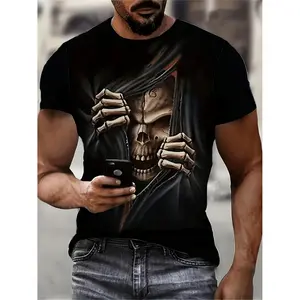 Mens 3d Printed Skull T Shirt Casual Short Sleeve Stretch Fabric Summer Outdoor Wear Skull Shirt Black