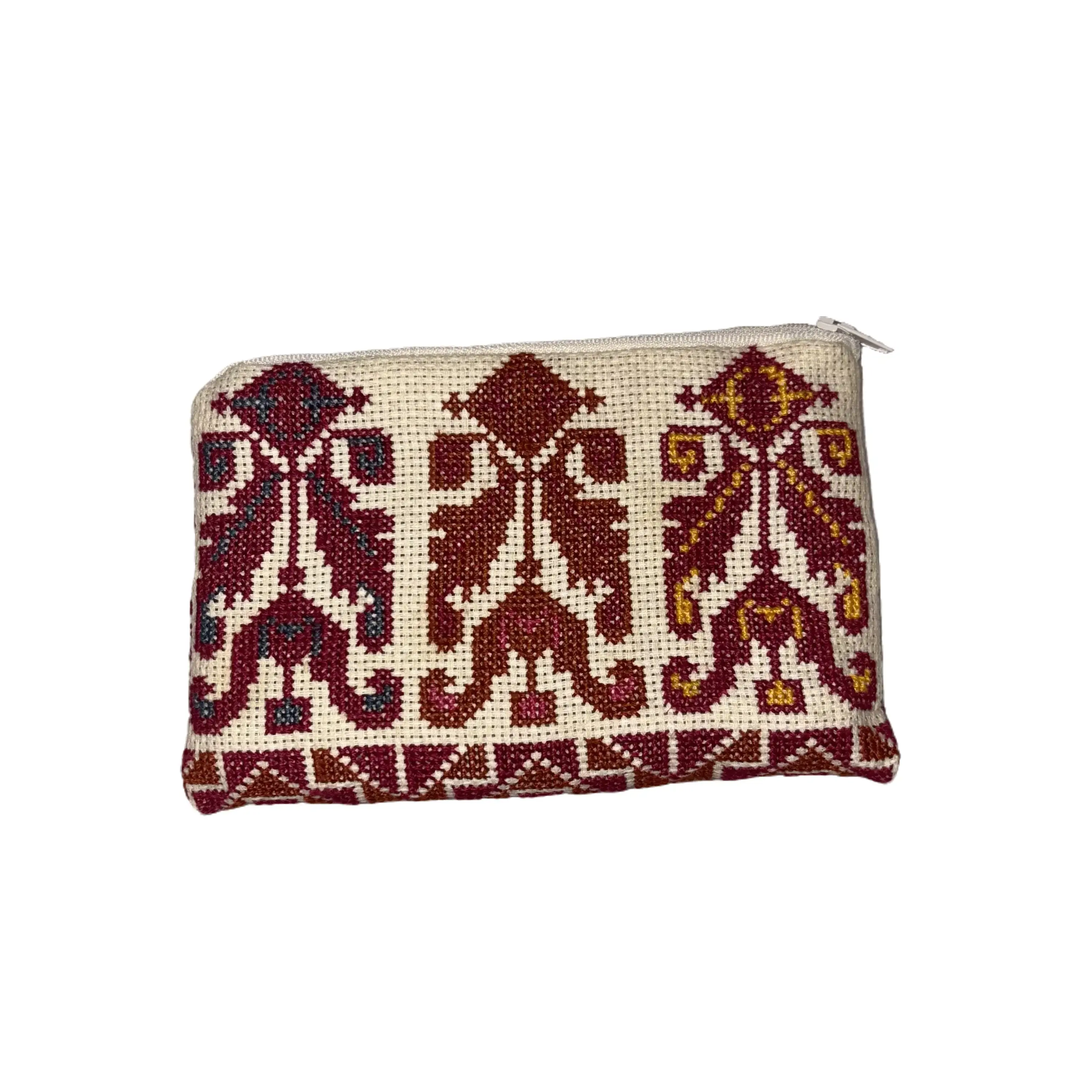 Handmade embroidered coin pouch - beige and red