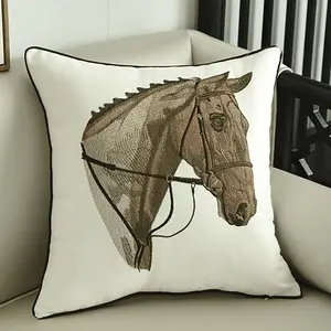 MOCOFO Pillowcase Cotton and Linen Flat Embroidery - Horse - Pillow Cover - Decorative Sofa, Bed, and Seat Cushion Cover