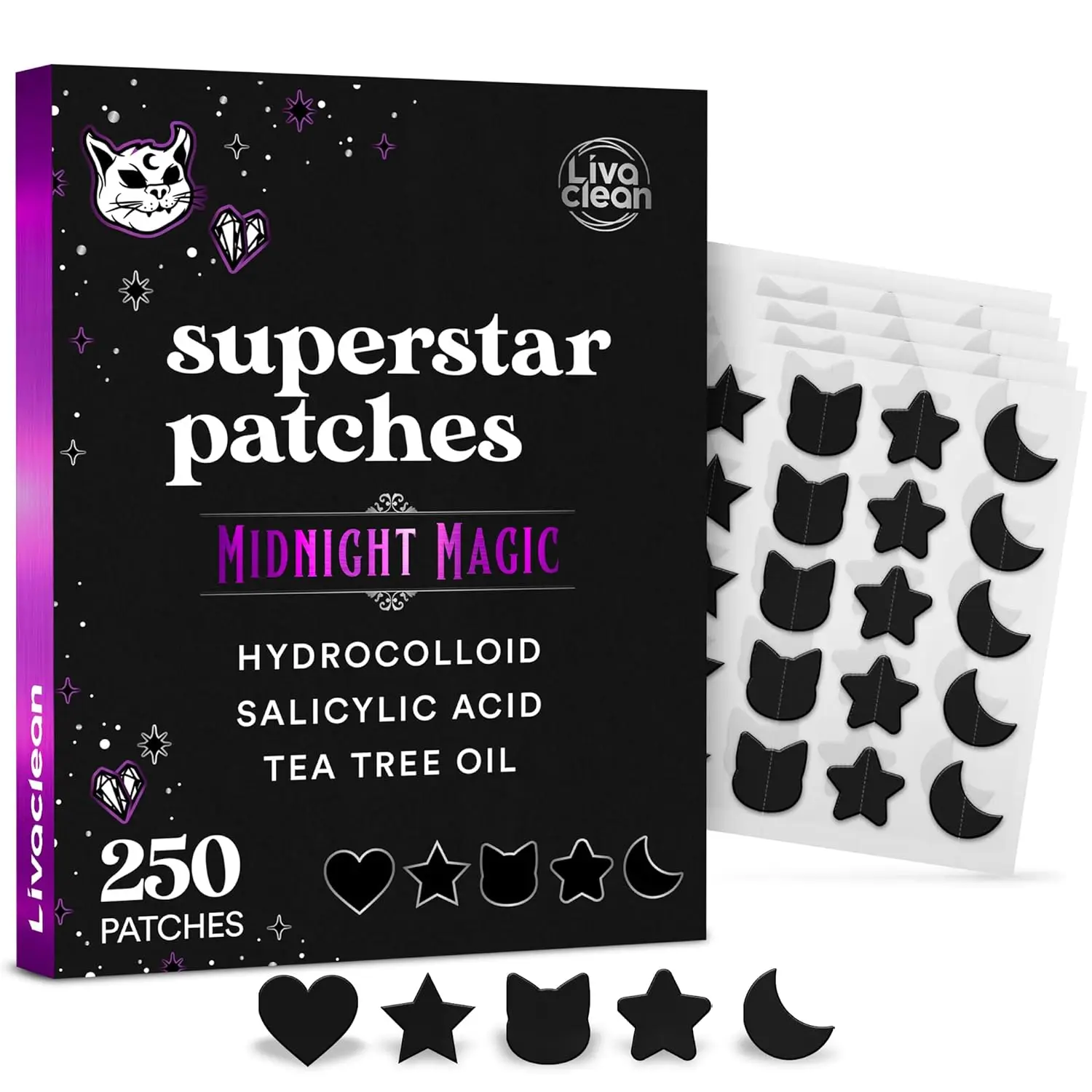 250CT Pimple Patches Midnight Magic Black Star with Salicylic Acid & Tea Tree Oil, Cute Acne Patches for Face, Skincare Blemish Zit Spot Treatment Cle