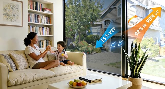 Window Tint for Home, One Way Privacy Film Heat & UV Blocking, Static Cling No Glue Renter Friendly Cover for Home Bedroom, Office & Sliding Glass Door, 17.5 x 78.7 Inch with 3 Tools, Black
