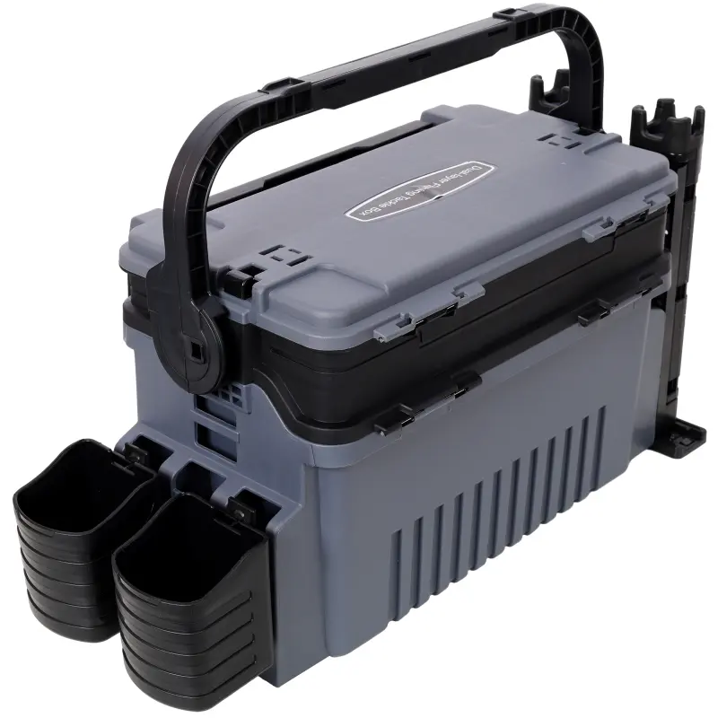 Dual-layer Fishing Tackle Box,Tackle Box Organizer Fishing Box Large,With 2pcs Rod Holder,2pcs Cup Holder,1pc Carring Strap,Gray