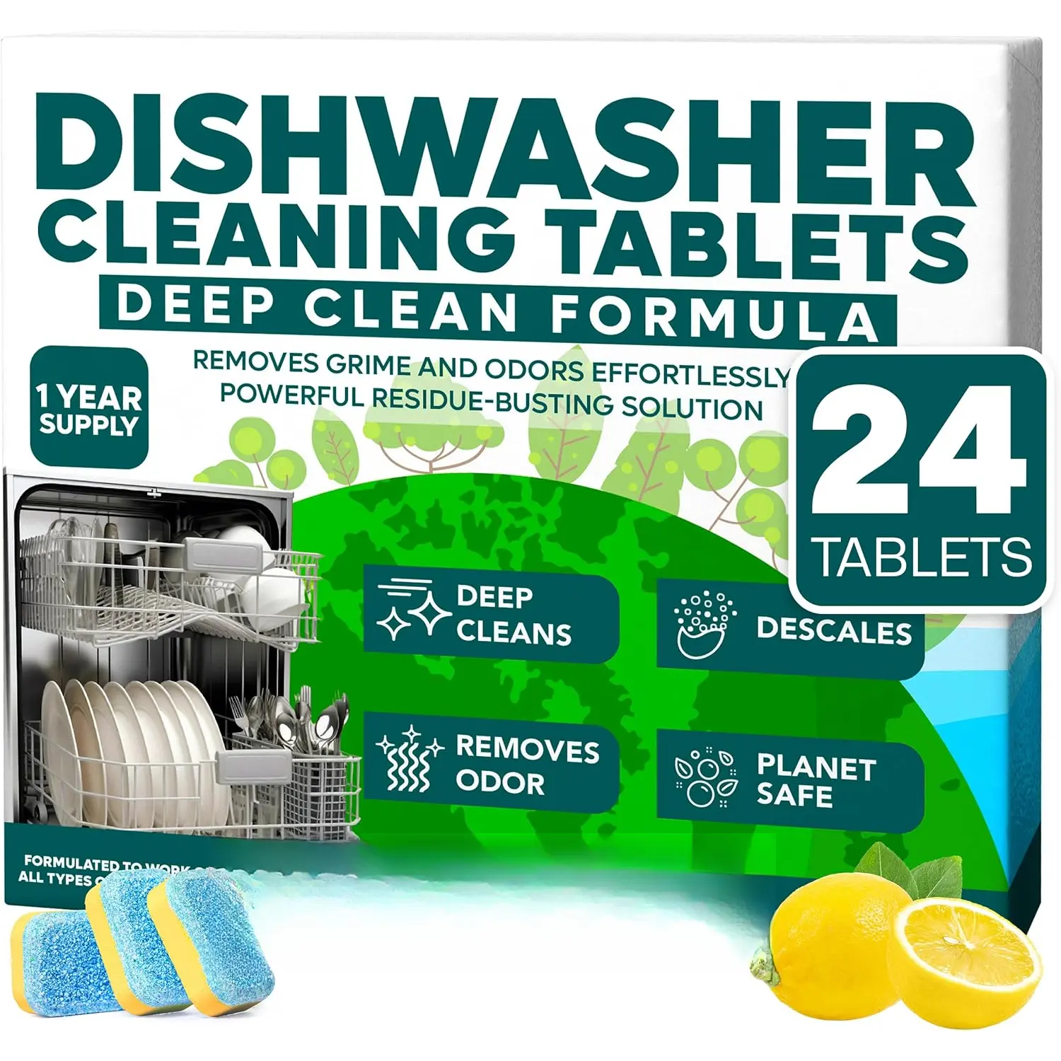 Dishwasher Cleaner and Deodorizer Tablets, 24 Pack - Dishwasher Cleaning Tablets for Odor and Buildup Removal, Descaler - 1-Year