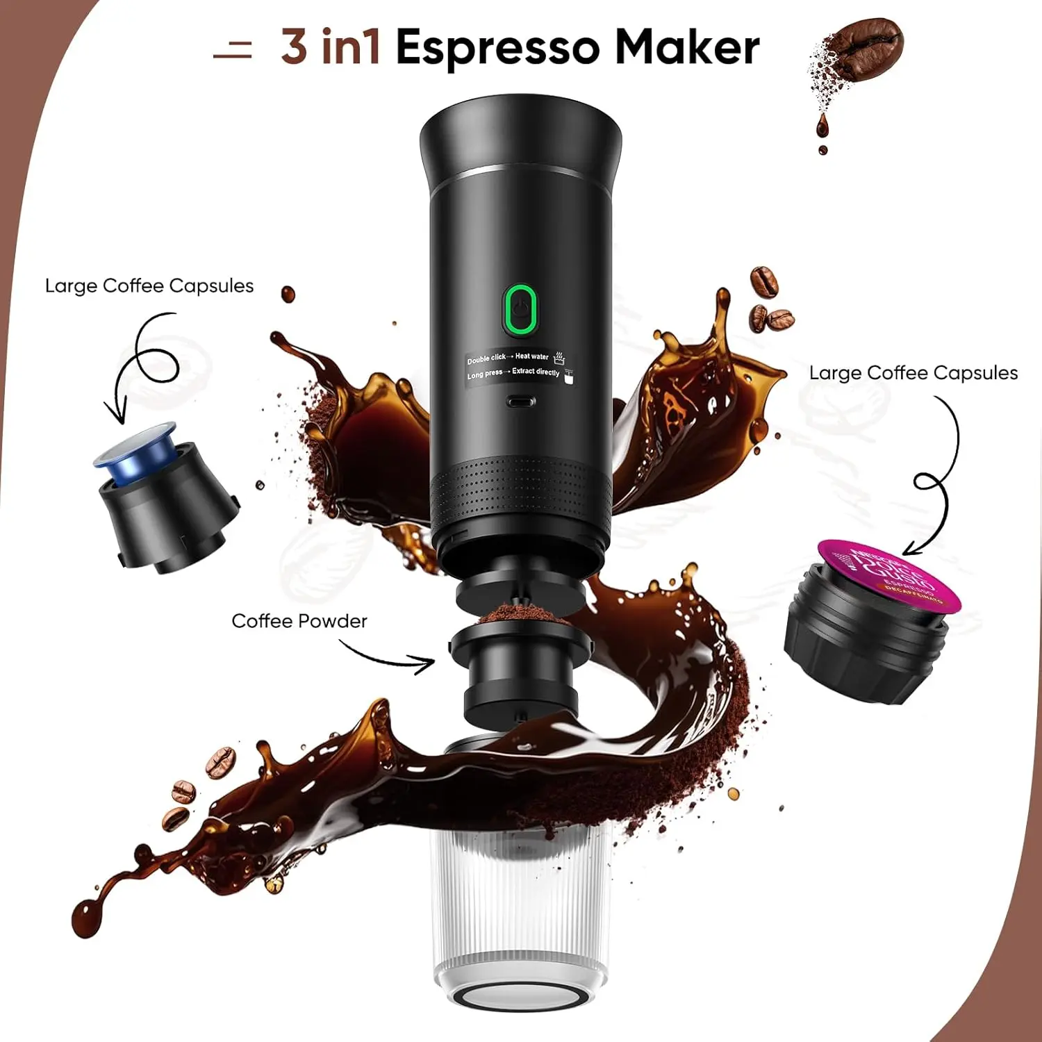 MIUVA Portable Electric Espresso Machine 3-in-1 Travel Coffee Maker for Camping Car Self-Heating with USB-C Ground Coffee & NS Capsule for RV Hiking Office Stock Up On Specials Stockpile VALUE Pack TikTokShopBlackFriday Christmas Gift Coffee Sets
