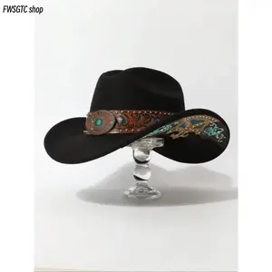 Vintage Carved Western Cowboy Fedora, Wool Felt Hat with Turquoise Studs, Boho Sun Protection Headwear for Men Women Daily Wear & Themed Parties