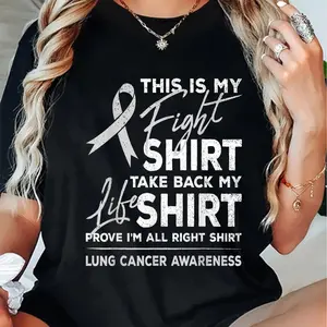 100% Cotton This Is My Fight Shirt - Lung Cancer Awareness Graphic Tee for Women & Men, T-Shirt, Black with White Ribbon Design, Support Shirt for Attire, Event Attire | Style | Glossy Fabric Finish