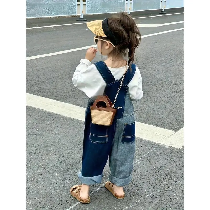 New Girls Spring and Autumn Patchwork Jumpsuit - Korean Style Casual Long Sleeve Jumpsuit with Button Closure, Lightweight Non-Stretch Fabric and Color Block Design, Suitable for Outdoor Play and Daily Wear, Playful Outfit with Button Closure Jumpsuit