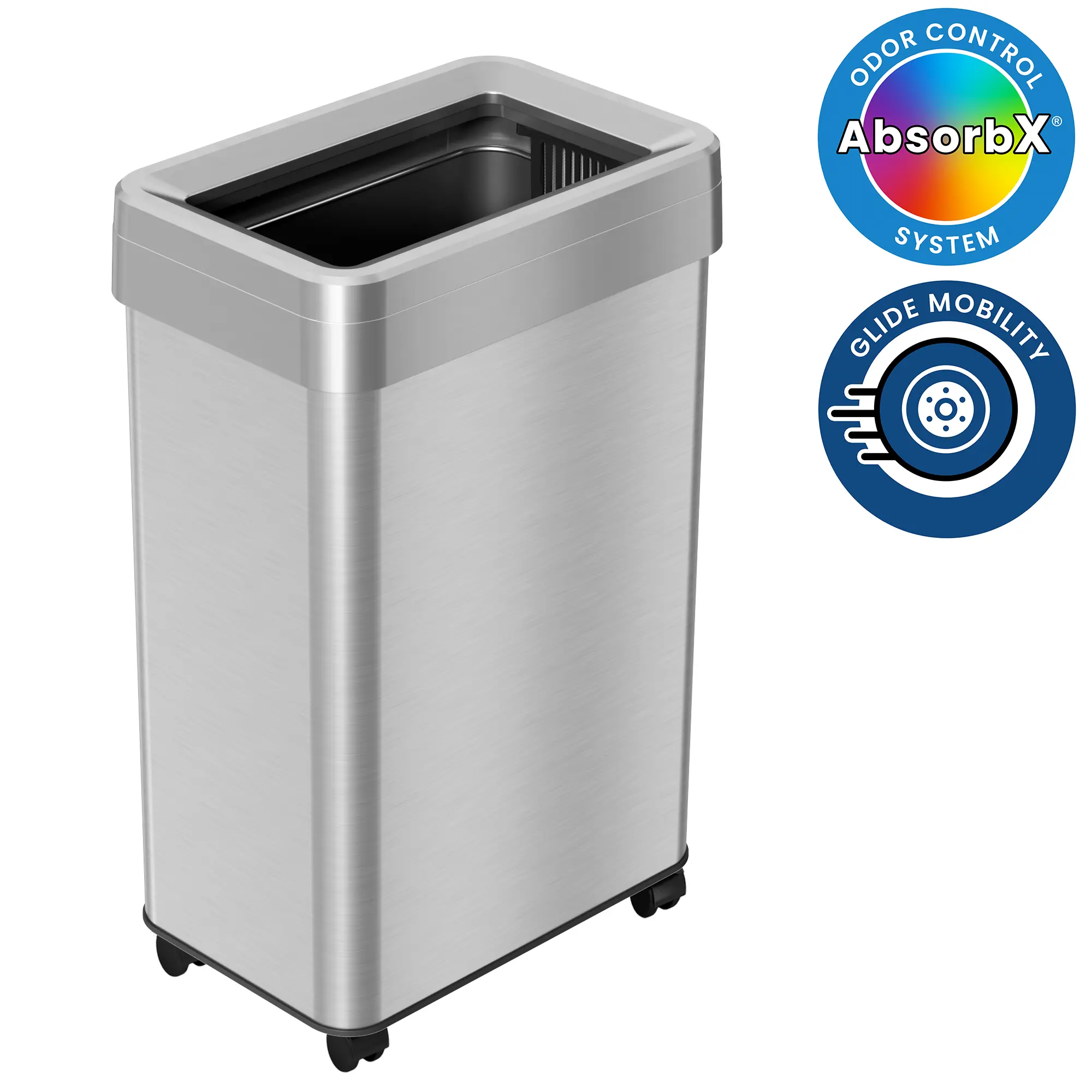 16 Gallon / 60 Liter Rectangular Open Top Kitchen Trash Can with Wheels Stainless Steel Bin