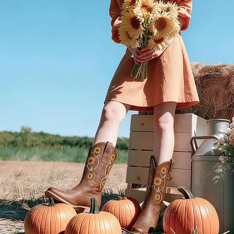 Callista Women's Retro Sunflower Embroidery Mid-Calf Faux Leather Cowboy Boots - Square Toe, Pull-On, Chunky Heel, Dark Brown, Chic, Walking Shoes, Cowgirl Stuff, Cowboy Aesthetic, All Seasons, Shoes for Women, Concert Footwear, Western Outfit Gift