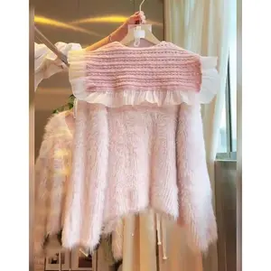 Lady's Loose Knit Doll Collar Cardigan - Patchwork Long-Sleeve Cape Top, 2000s Vintage Casual Women's Fashion Clothing Accessory