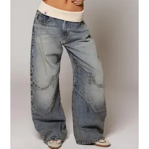Light Wash Baggy Wide Leg Jeans -Revice Jeans Y2K Vintage Denim Pants, white cuffed waist design, camouflage jeans, flared pants,womenswear