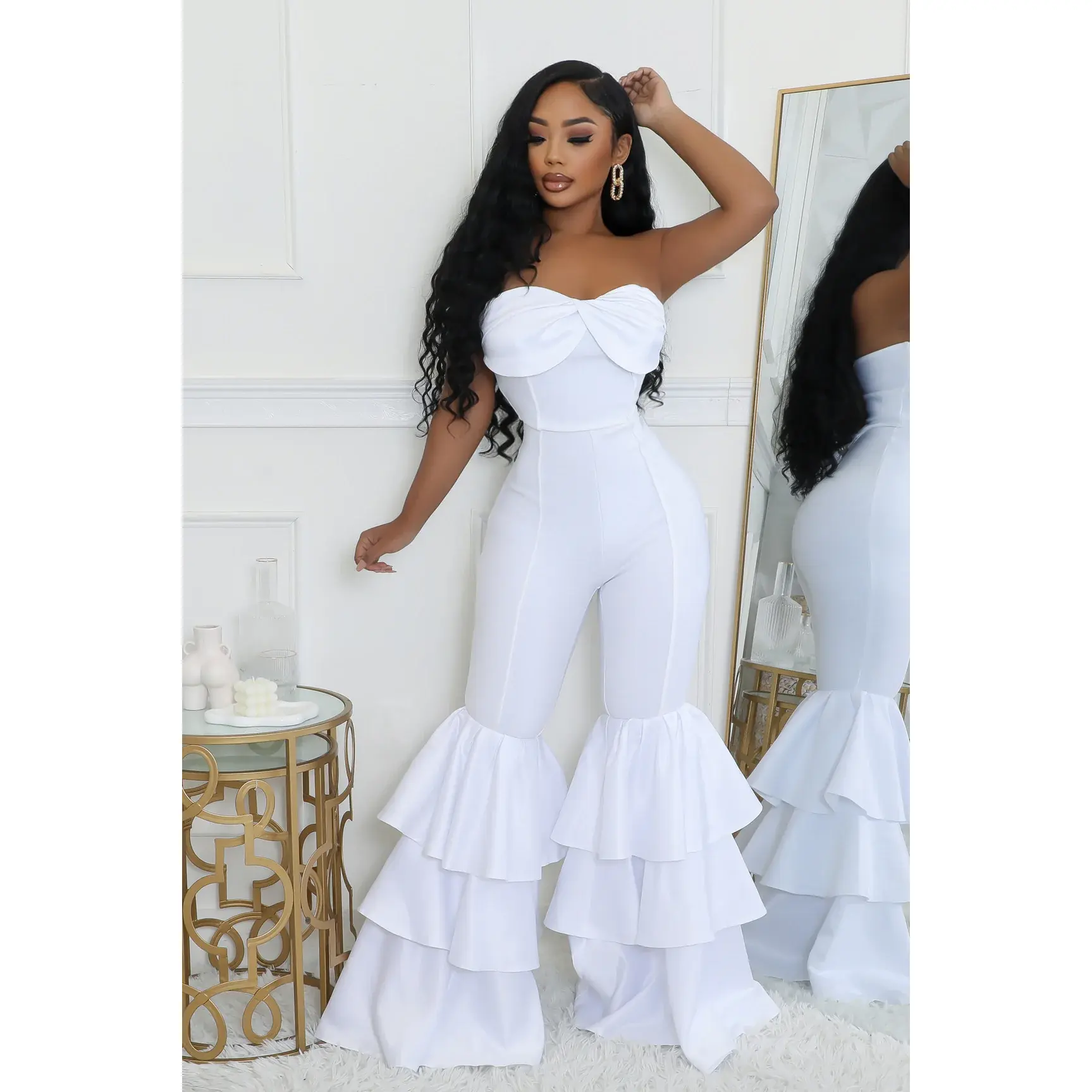 TABITHA WHITE STRAPLESS RUFFLE LEG JUMPSUIT