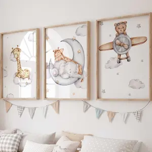 Poster Set of 3 Premium  / Giraffe Elephant Bear / Children's Room Decoration Wall Pictures(Note: Frame shown for display only) Character Art Photo wall decor wall art posters