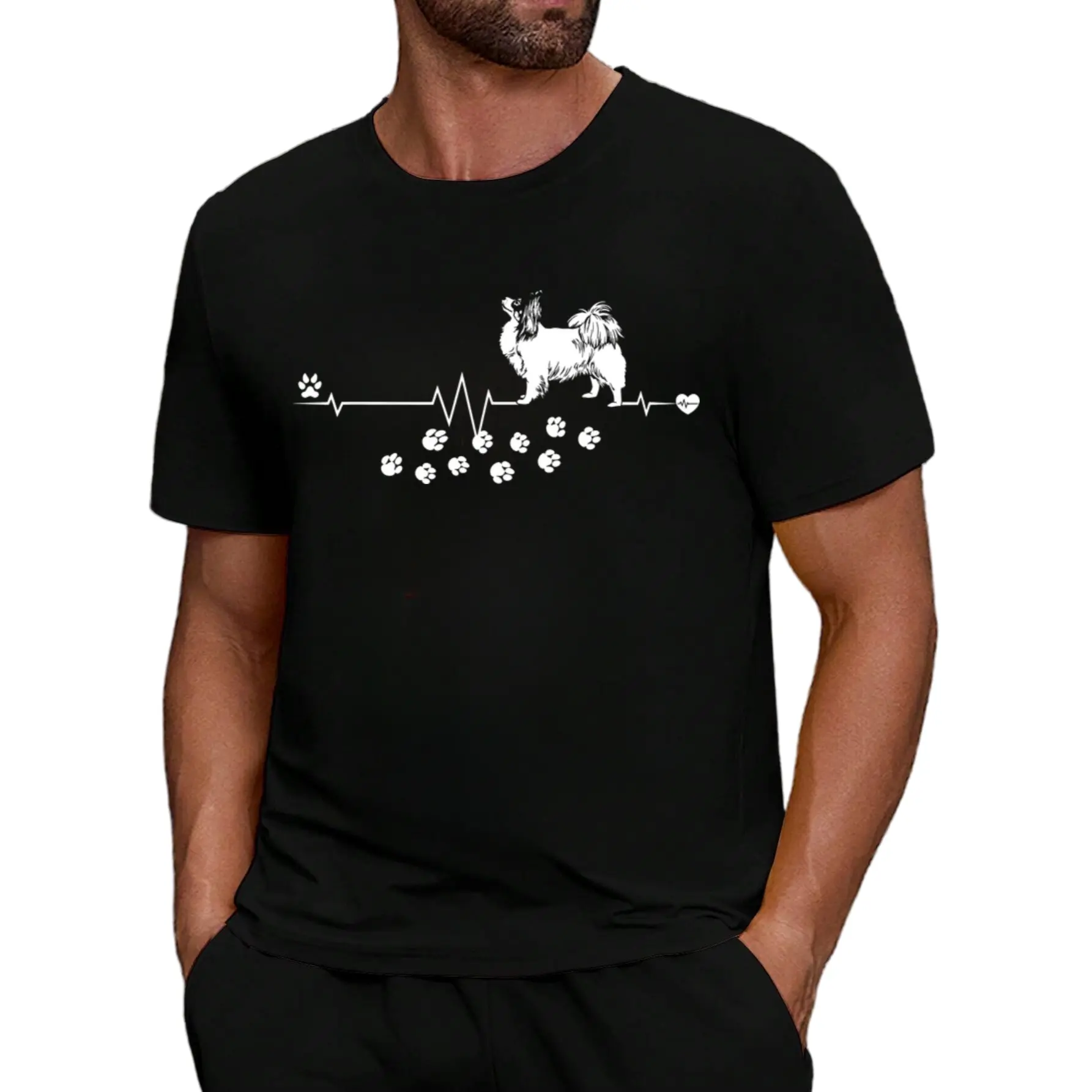 Men's Vintage Papillon Dog Heartbeat Graphic T-Shirt - Black with White Heartbeat Line & Paw Prints Design, Regular Fit Short Sleeve Round Neck Tee for Dog Lovers, All-Season Casual Wear, Dog TshUnisex Mens&womens 2026 Round Neck Regular Fit Couple T