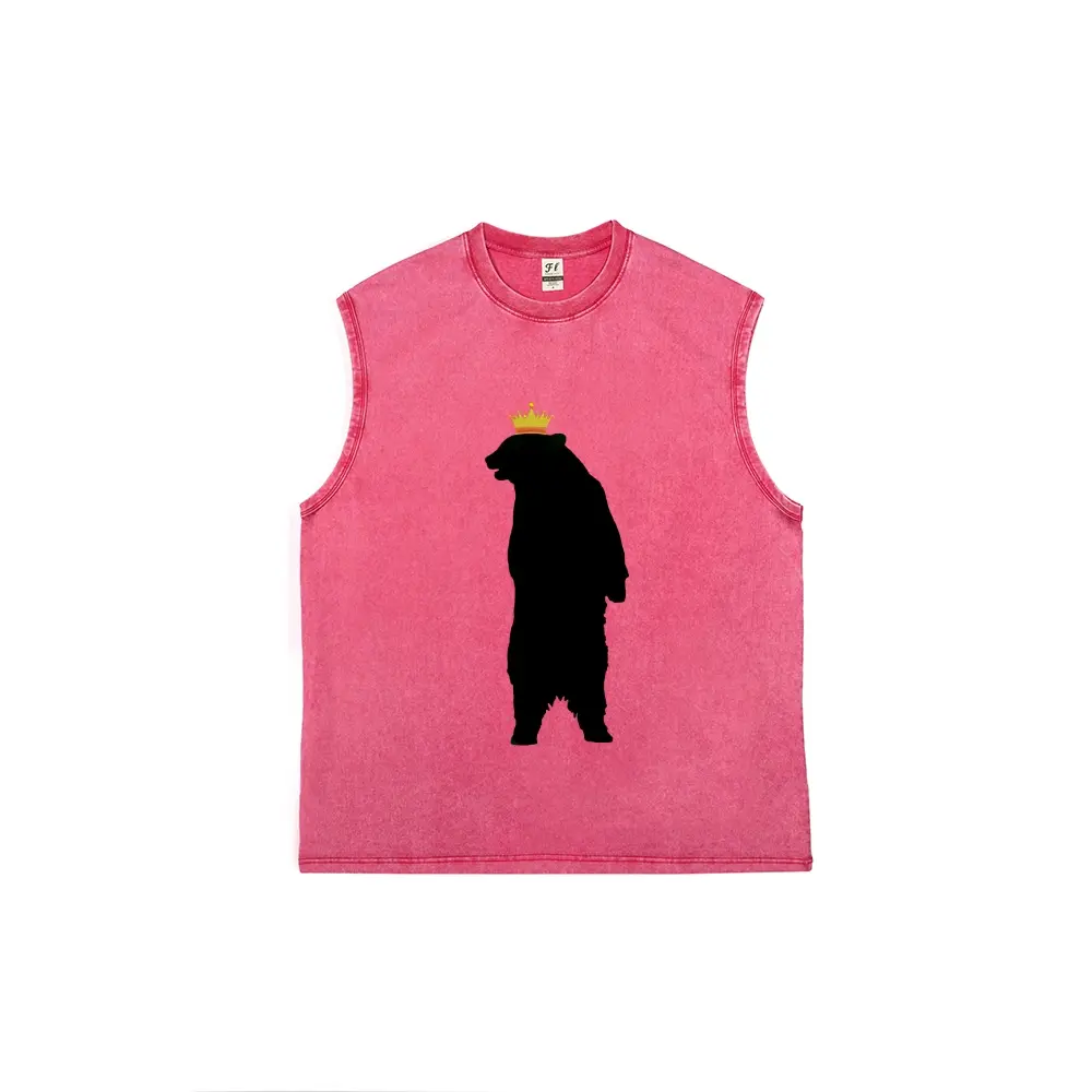 Bear King Washed Cotton Tank Top for Men, Crowned Bear Graphic Sleeveless Muscle Shirt, Distressed Summer Beach Undershirt, Regal Animal Kingdom Casual Tee