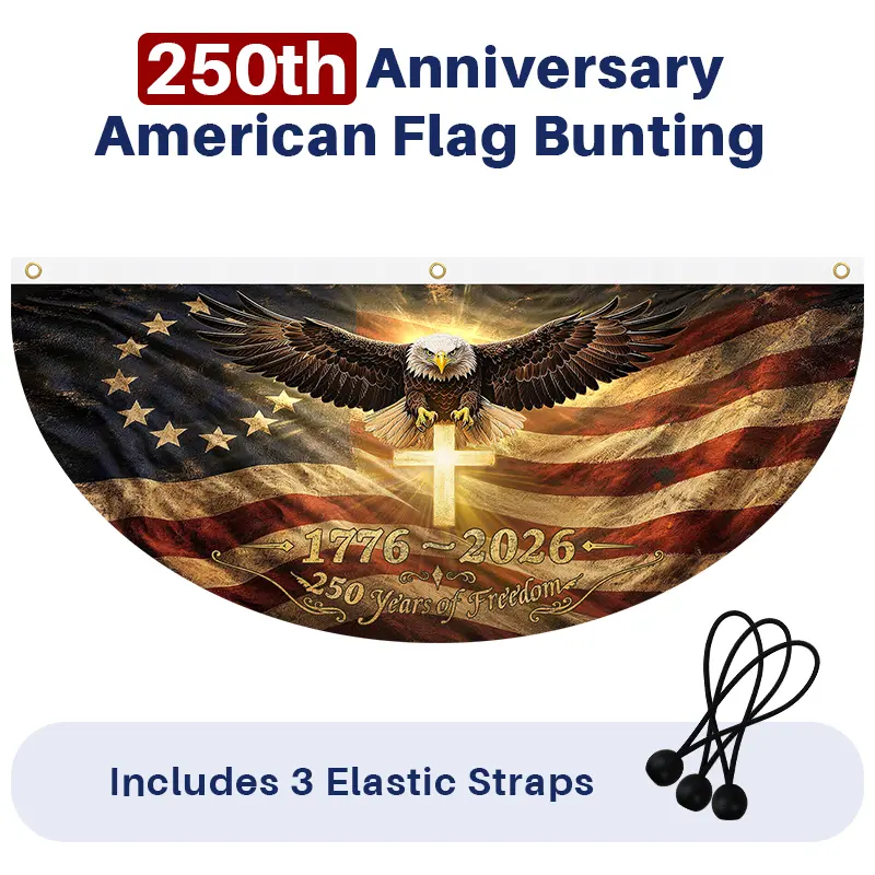 Patriotic Bunting Freedom Cross 3x5 FT Polyester Print 250th Anniversary American Flag Half Fan Banner, Weatherproof Outdoor Home Festive Decoration with Elastic Straps for 1776-2026 Independence Day Gifts, 3x1.5ft Variant