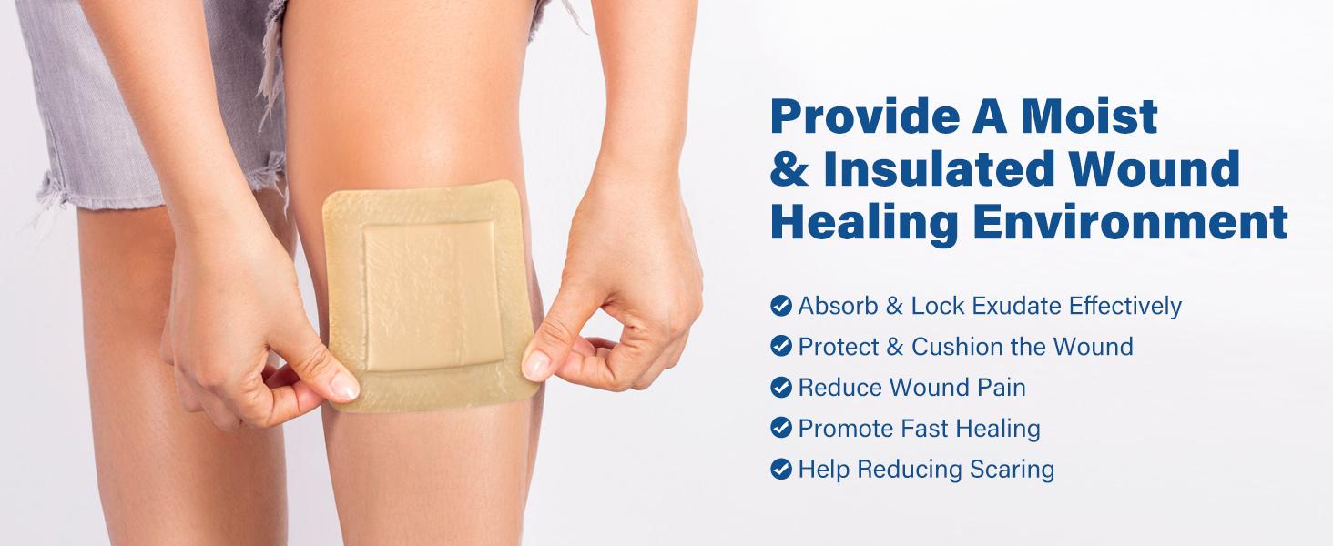 Silicone Foam Dressing with Border, 4"x 4" (2.5”x2.5” Pad), 5 Count, Sterile Adhesive Wound Dressing for Bed Sores, Leg Ulcers, Highly Absorbent, Waterproof Wound Care Bandage