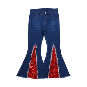 Girls' Mid-Waist Red Sequined Flared Denim Pants - Denim Pants with Sequins, Flare Fit, Slight Stretch, All-Season Wear