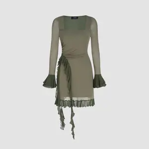 Cider [size 0-10] Mesh Square Neck Solid Ruffle Mini Dress