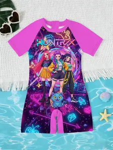 Girls Kpop Korean Style Jumpsuit, Cyber Neon Cute Pet Cartoon Print Short Sleeve Quick Dry Swimsuit, Children Beach Sea Vacation Swimwear