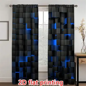 2 Pieces, 2D Flat Printing, Blue Geometric Curtains Window Curtain Luxury Living Room Bedroom Gray Decorative Room Office Hotel Curtains, Semi-Transparent Curtains Privacy Protection Curtains Bedroom Living Room