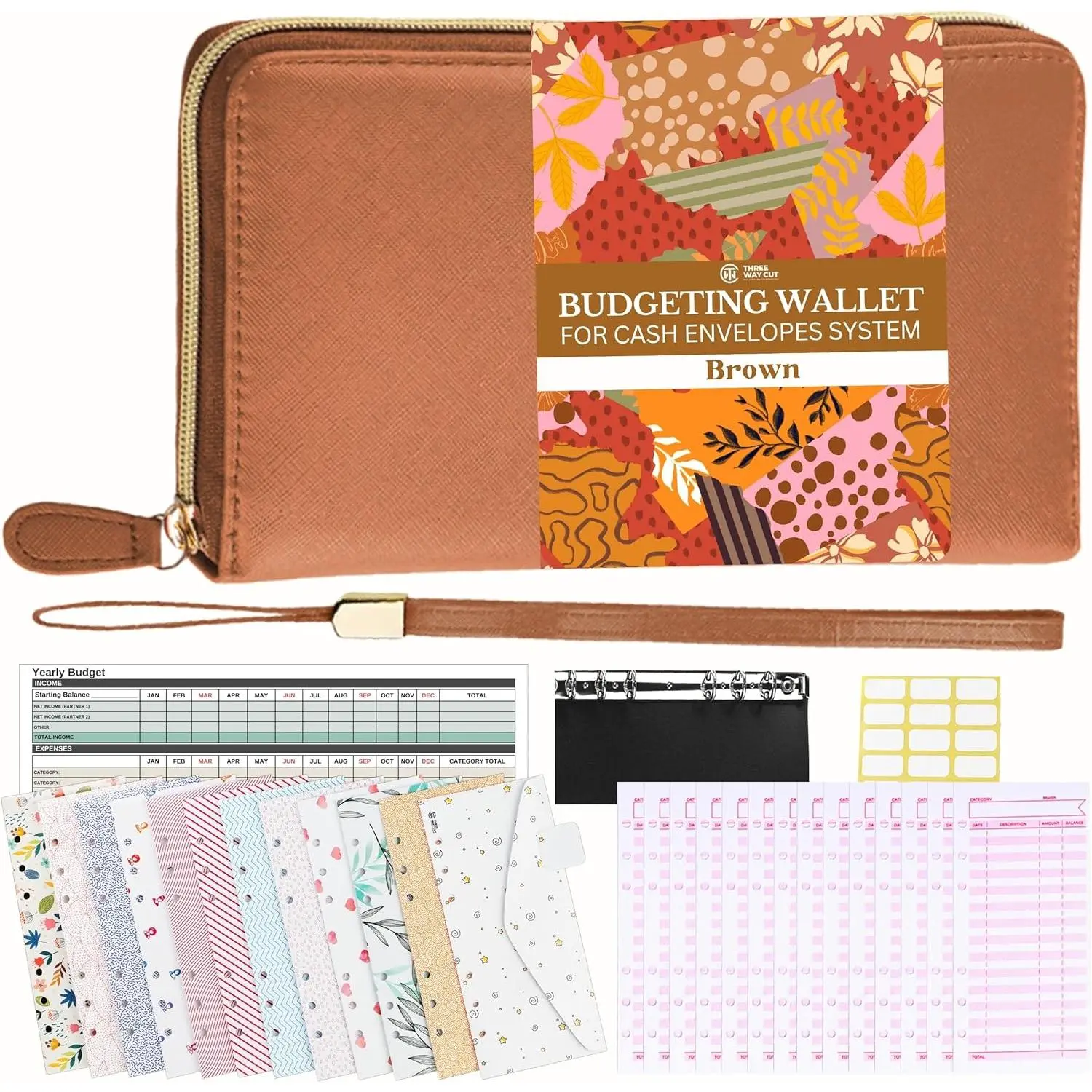 Envelope Wallet Brown All in One Budget System RFID Blocking with 12x Tabbed  Envelopes, 12x Monthly Budget Cards,1x Yearly budget planner sheet Complete  Organizer Set for
