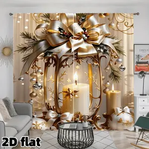2D Flat 2Pcs Elegant Christmas Curtains Golden Bow Ornaments Pine Needles Printed Panels Rod Pocket Semi Sheer Polyester Holiday Window Treatment for Living Room Bedroom Dining Kitchen Home Decoration Curtain Decorative Privacy Drapes