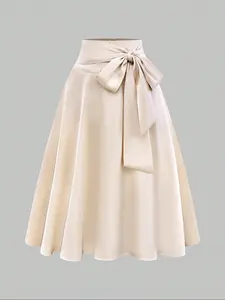 Elegant Women's Structured Waist Pleated Woven Long Dress, Bow Tie Design, Perfect for Special Occasions & Daily Wear, Comfortable Fit