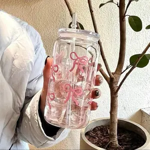 Cute Water Bottle with Pink Bow Design and Clear Container Washable Reusable Cup Drinkware Bottled