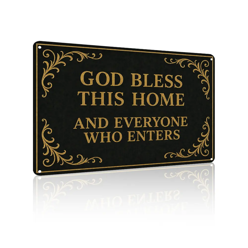 2D flat metal wall covering with the English theme "God Bless This Home," suitable for family prayer rooms, studies, living rooms, and dining rooms. An ideal gift for friends and family. Dimensions: 8x12 inches.