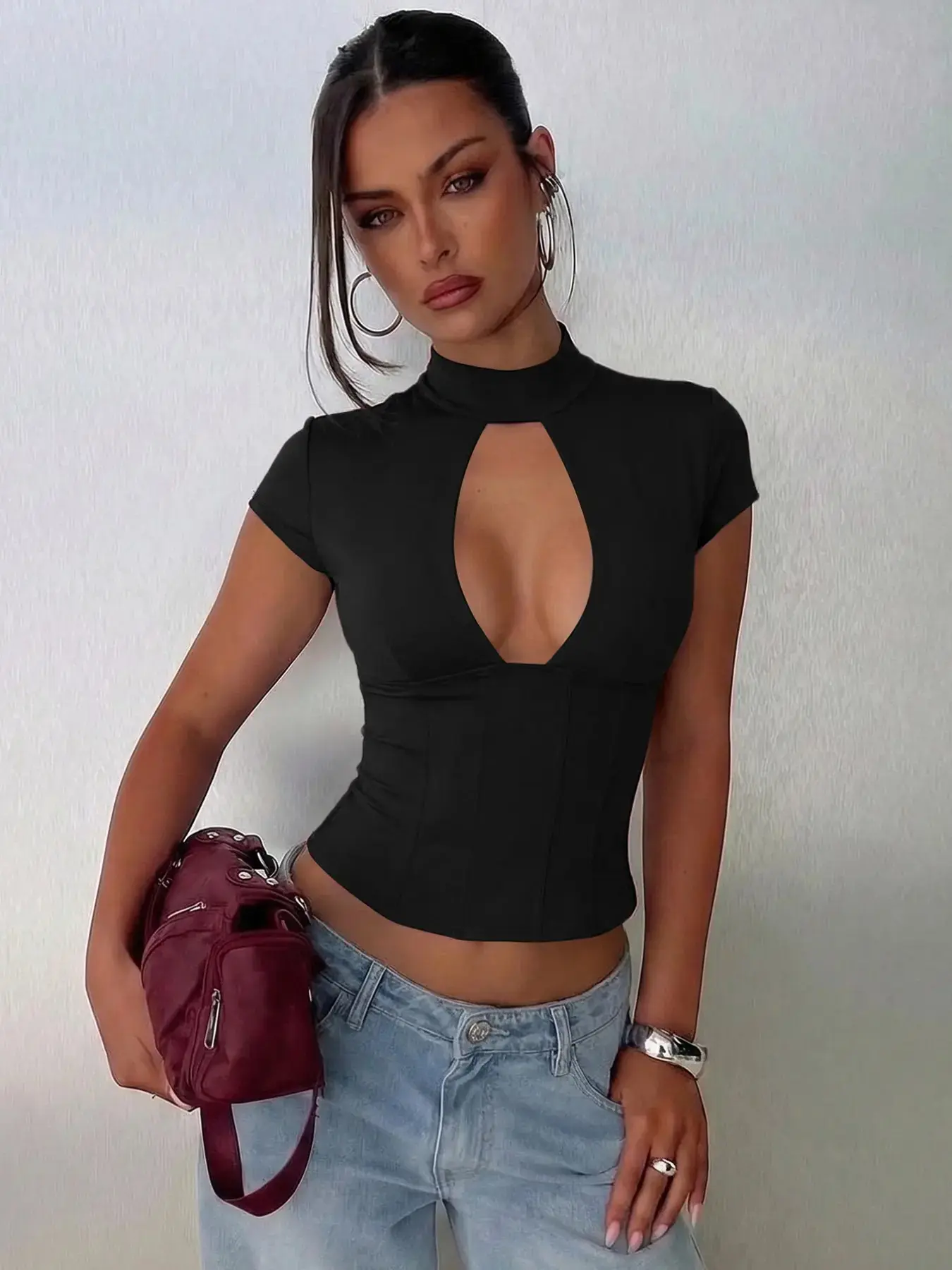 Women's Leopard Print Cut Out Backless Corset T-shirt Top, Mock Neck Short Sleeves Buttons Slim Fit Crop Top, Body Hugging Tops, Party Club Date Holiday Daily Fitted Shirt Blouse Tops For Ladies Summer Fashion Clothes Wear