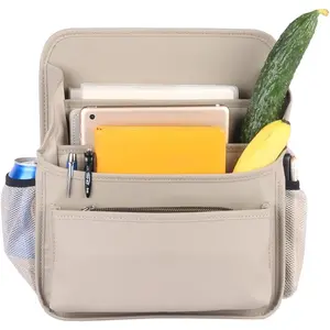 Front Seat Organizer  Upholstery Leather Passenger Seat Storage Bag Large Durable  Organizer with Adjustable Strap Multiple Compartments Mesh Bags Cup Holders (beige)