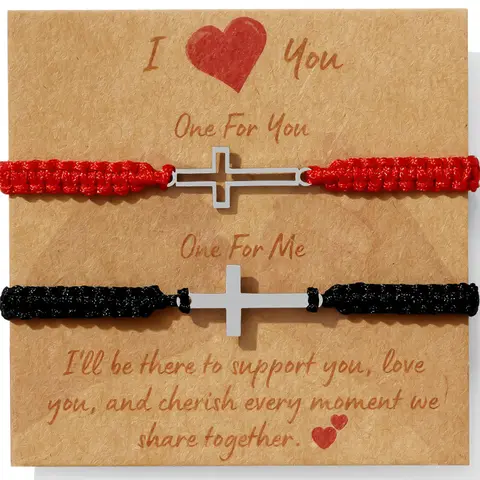 JEXIVA Stainless Steel Christian Cross Charm Couples Bracelet Set - 5.5"-8.5" Adjustable Woven Rope, Unisex Casual Fashion Stackable Bracelets - Rust-Resistant, Long-Lasting, Female Anniversary Birthday Gift