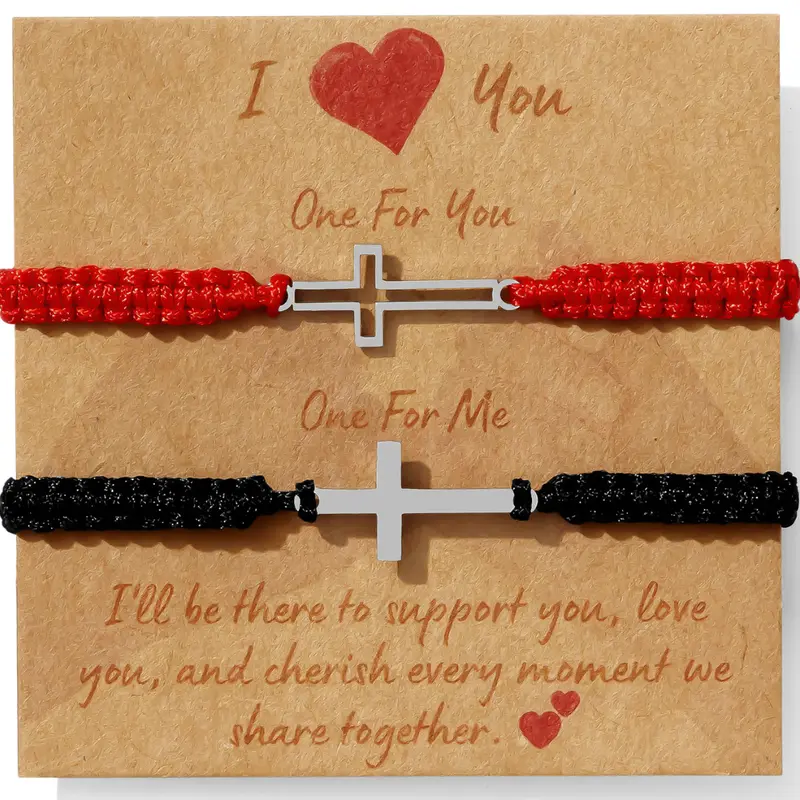 JEXIVA Stainless Steel Christian Cross Charm Couples Bracelet Set - 5.5"-8.5" Adjustable Woven Rope, Unisex Casual Fashion Stackable Bracelets - Rust-Resistant, Long-Lasting, Female Anniversary Birthday Gift