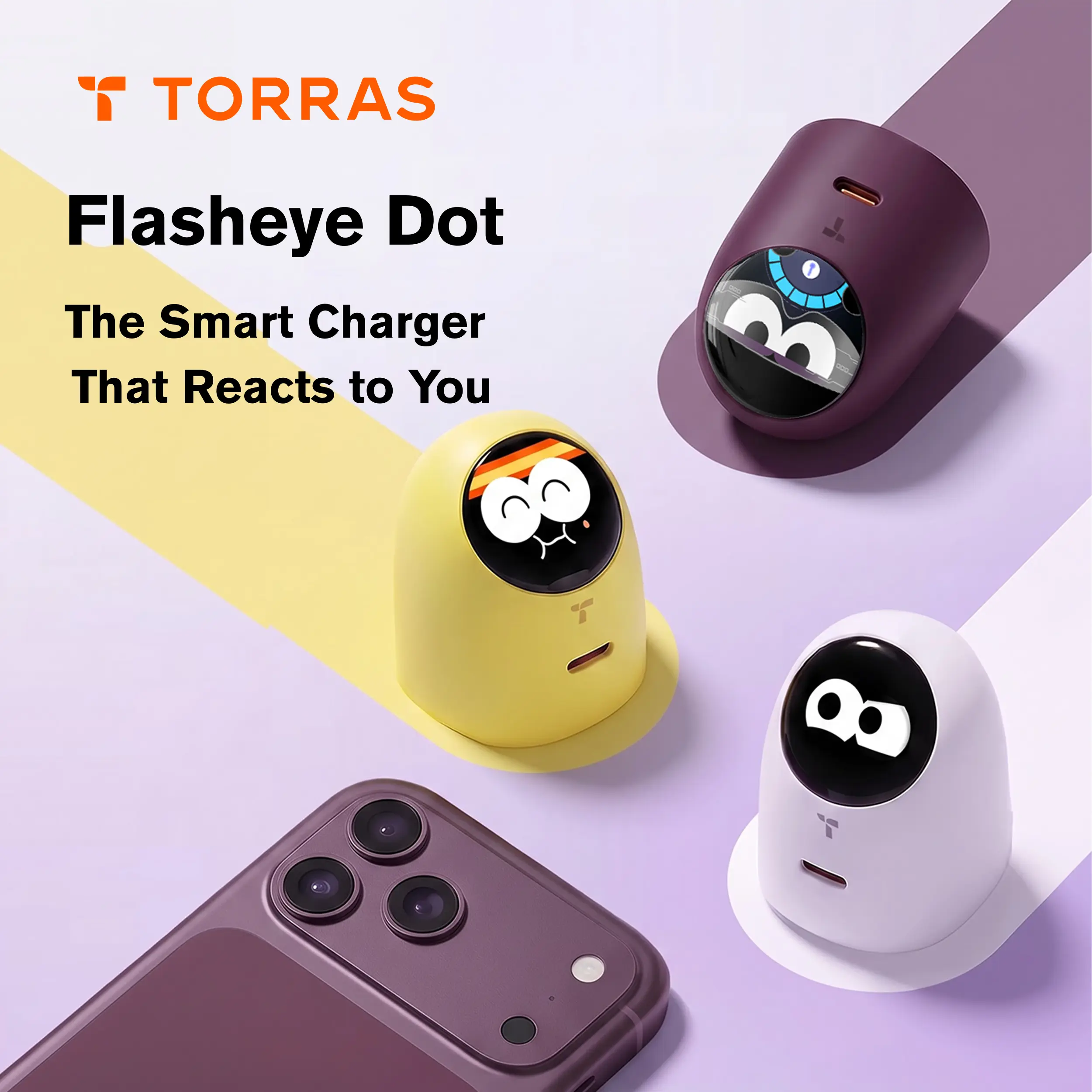 TORRAS Flasheye Dot Smart Display Charger 45W USB-C PD Fast Charger with Interactive Screen, Device Recognition, Battery Status Display, for iPhone 18 17 16 15 14 Pro Max, iPad, MacBook, Compact Desk Charger with Foldable Plug, BackToSchool